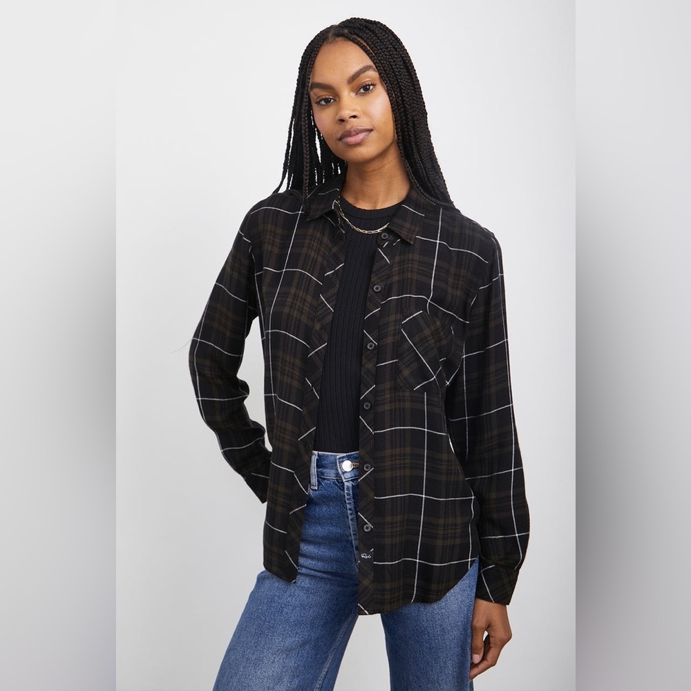 Rails Hunter Olive Black and White Plaid Button-Up Shirt Super Soft Rayon